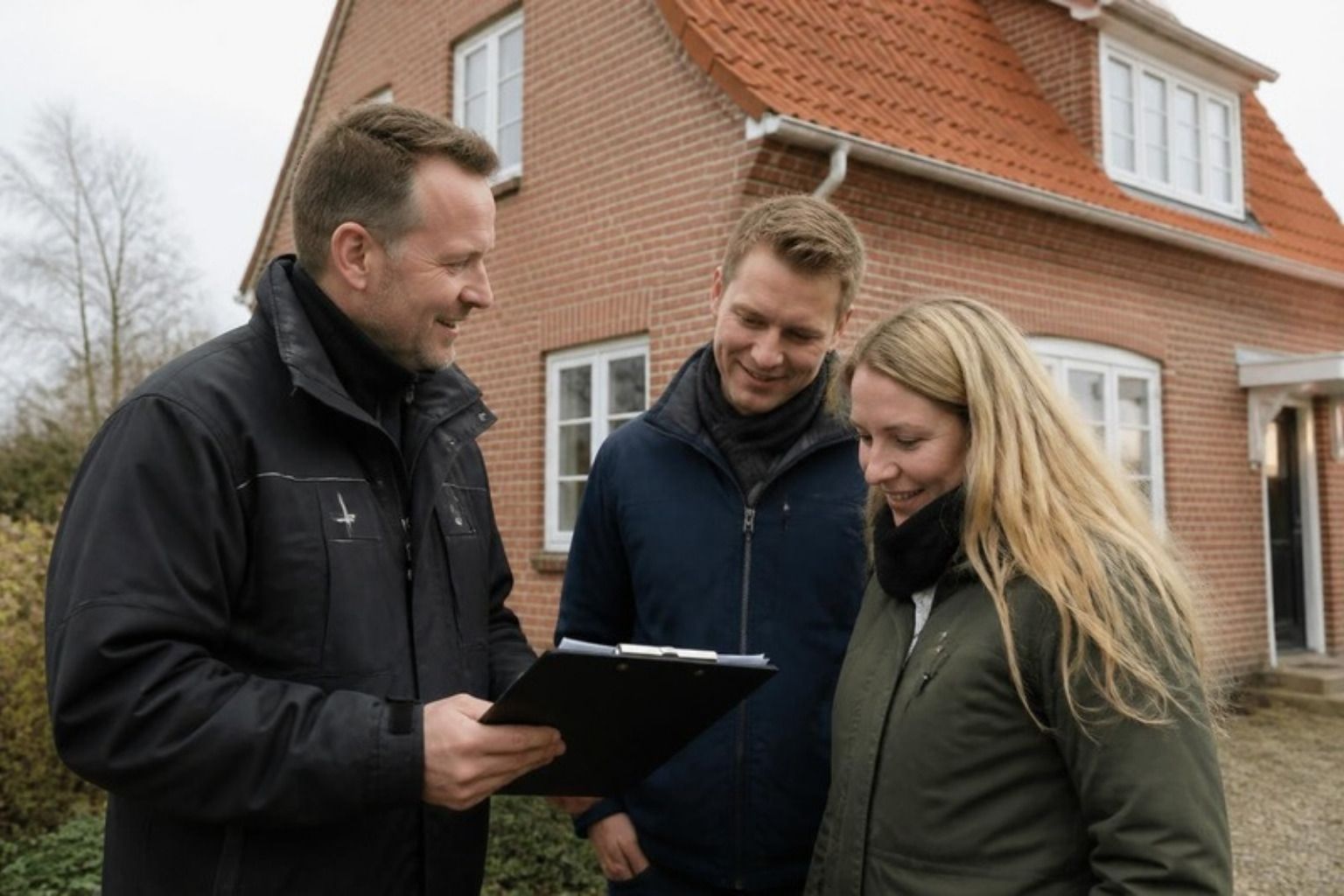 Bygningssagkyndig viser noter på en tablet til et ungt par foran et rødt murstenshus