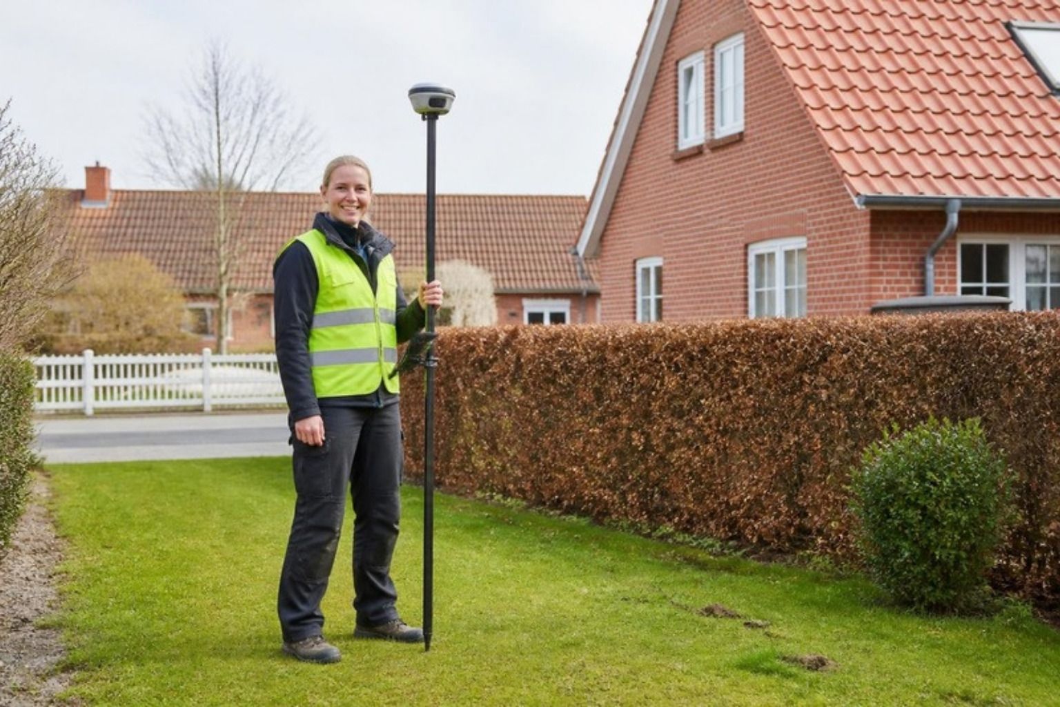 Smilende landinspektør i refleksvest med GPS-stang på en græsplæne ved røde murstenshuse