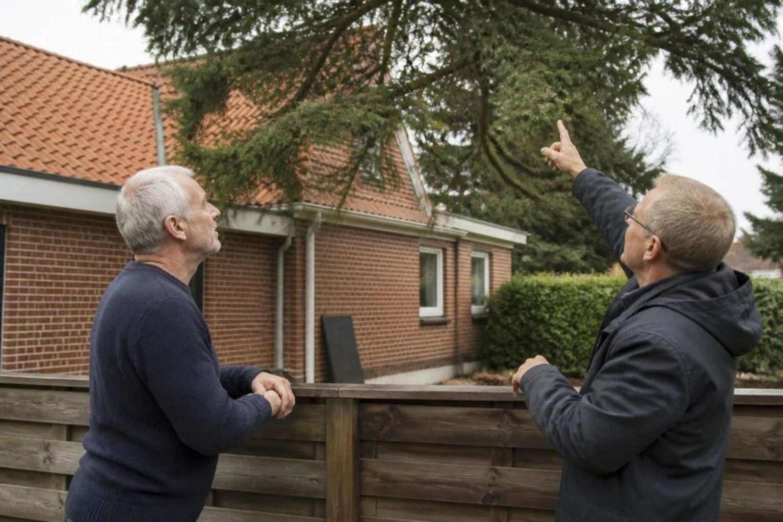 To smilende naboer ved et træhegn kigger op på et stort træ, der hænger ind over skellet